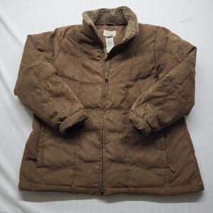 LL Bean Goose Down Jacket Womens XL Petite Brown Faux Suede Button Up Puffer